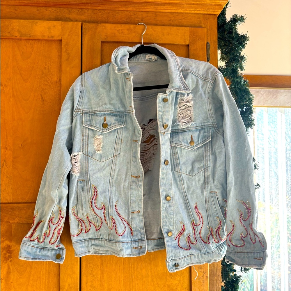 Honey Punch Women's Jean Jacket Distressed with Jewels
